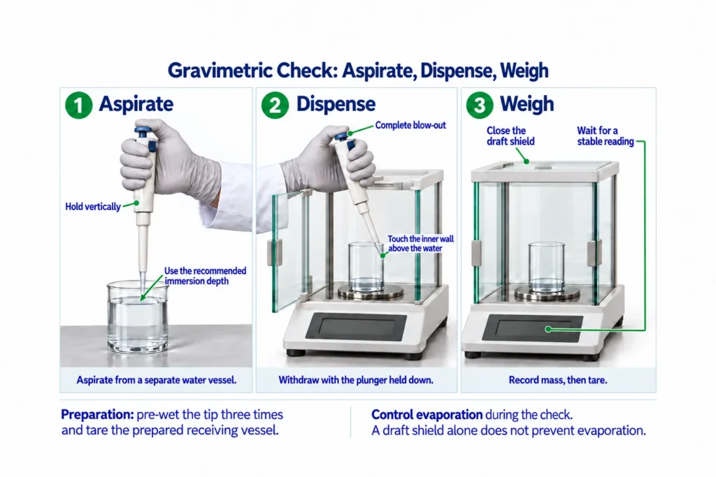 Three-step pipette check: aspirate water, dispense against the vessel wall above the liquid, then weigh with the draft shield closed.