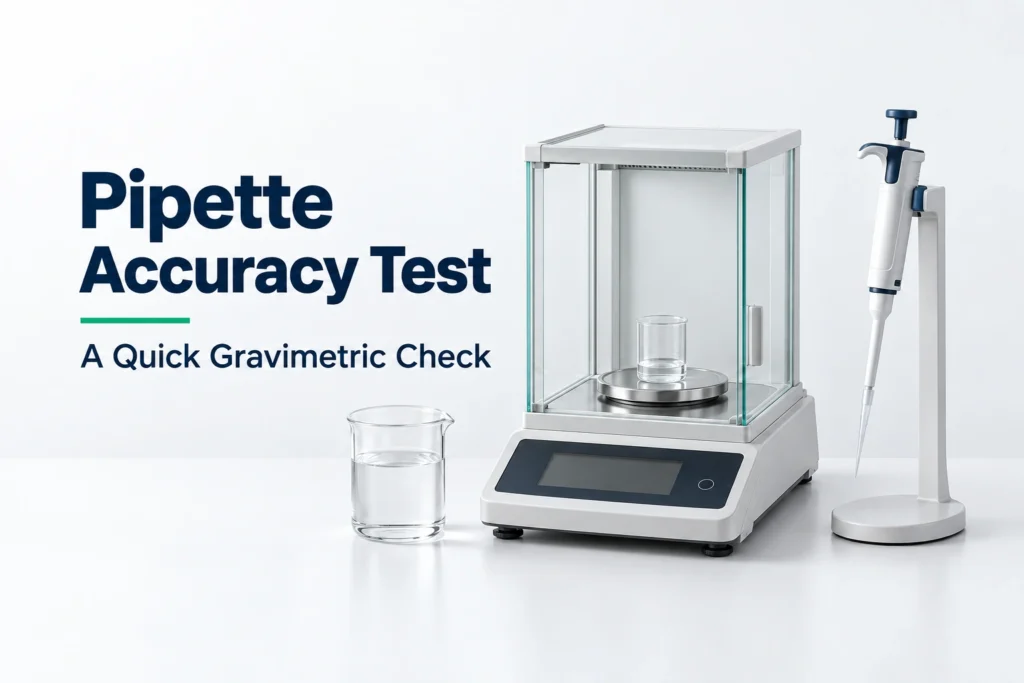 Single-channel pipette, water beaker, and laboratory balance arranged for a gravimetric pipette accuracy test.