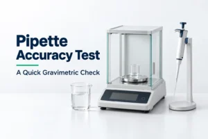 Single-channel pipette, water beaker, and laboratory balance arranged for a gravimetric pipette accuracy test.