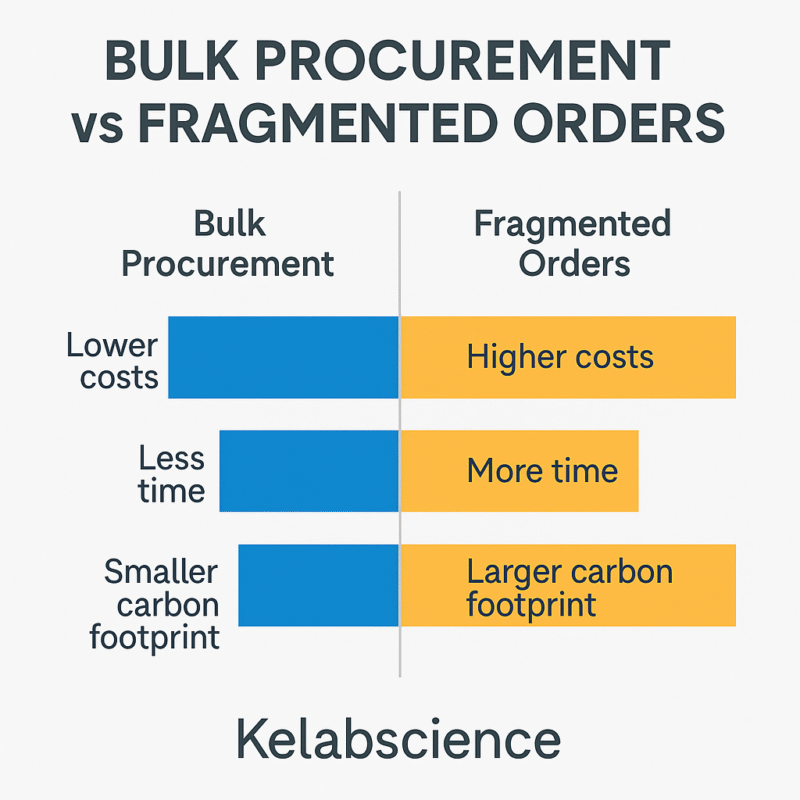 Bulk procurement vs fragmented orders comparison chart showing differences in cost, time efficiency, and carbon footprint – Kelabscience
