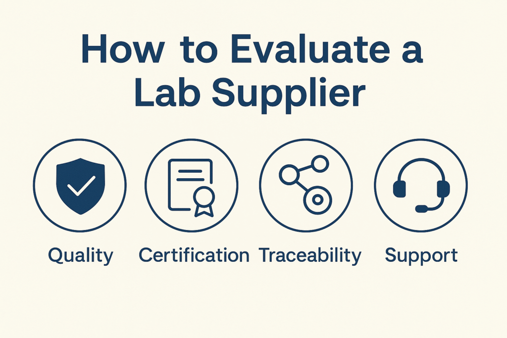 How to evaluate a lab supplier infographic – showing key factors: Quality, Certification, Traceability, and Support for laboratory consumables procurement – Kelabscience