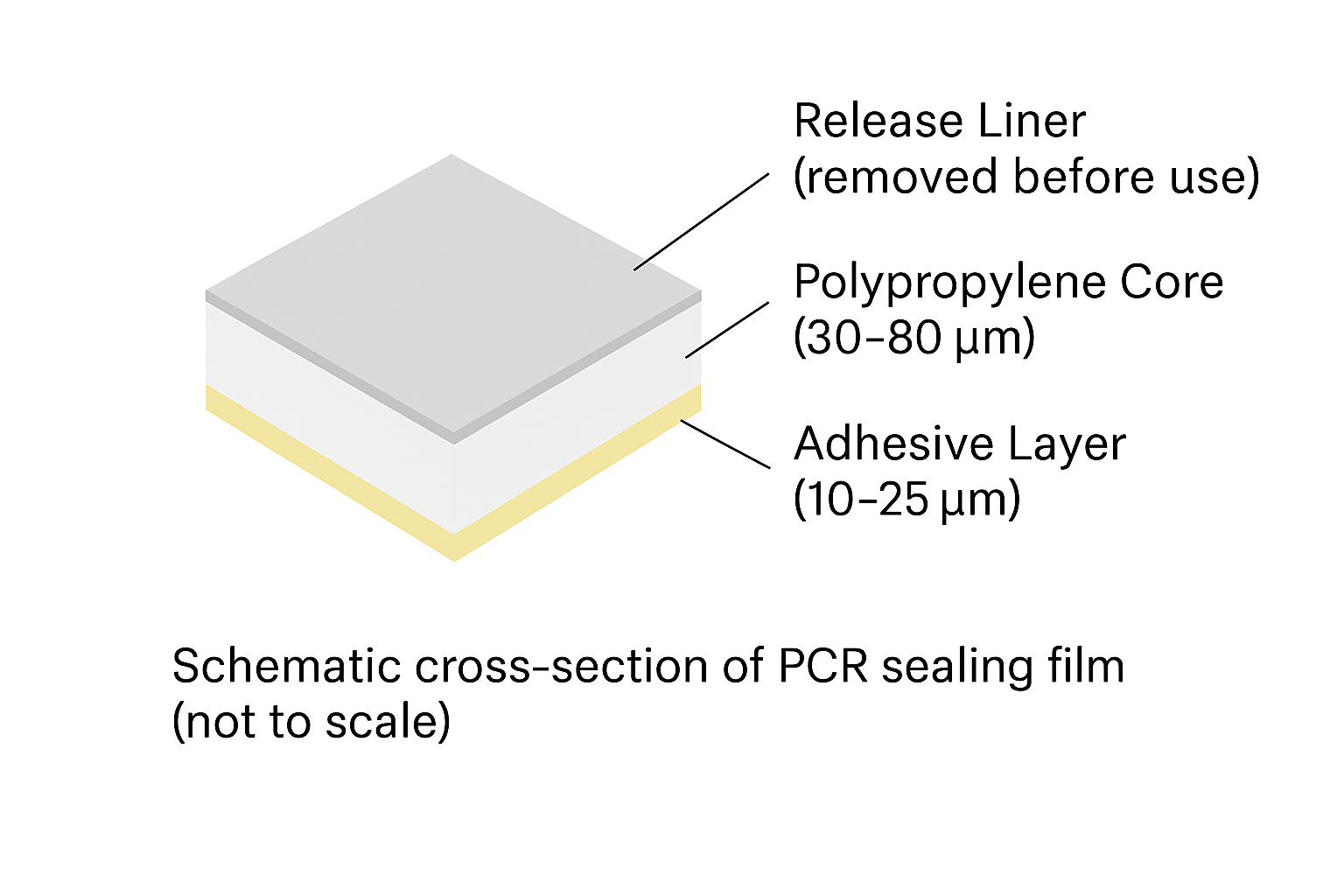 Schematic cross-section of PCR sealing film showing release liner, polypropylene core, and adhesive layer.