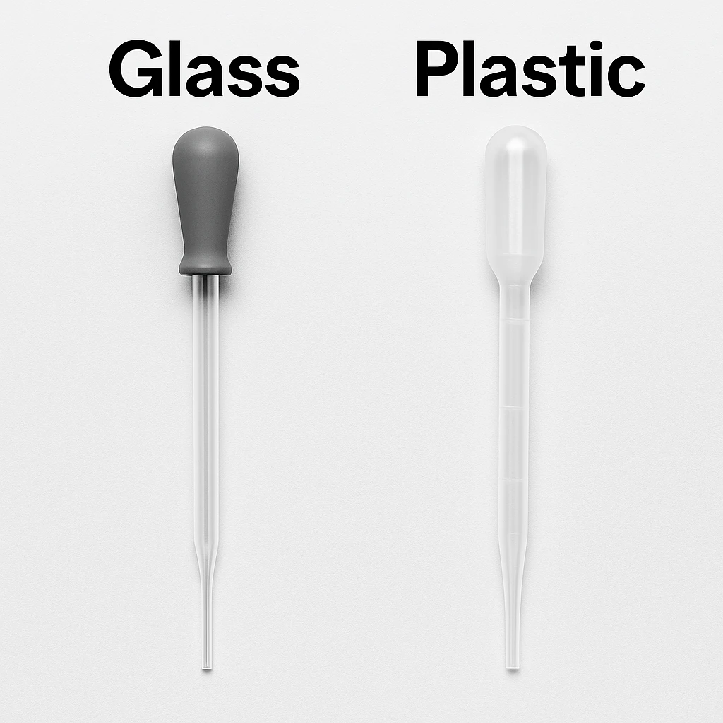 Glass and plastic Pasteur pipettes shown side by side for material comparison