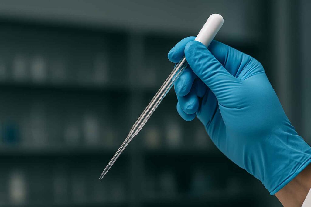 gloved hand holding a glass Pasteur pipette with a rubber bulb in a laboratory