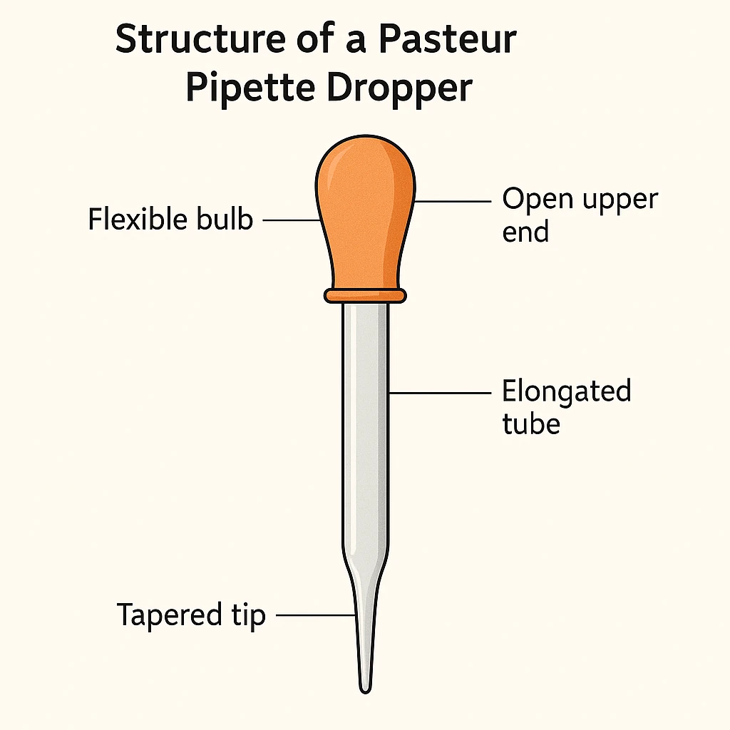 Labeled structure diagram of a Pasteur Pasteur pipette diagram showing tip, tube, inner bore, and bulb connection