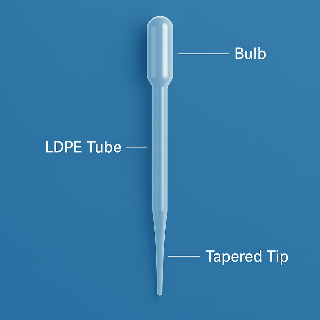 Labeled diagram of a plastic Pasteur pipette showing the bulb, LDPE tube, and tapered tip