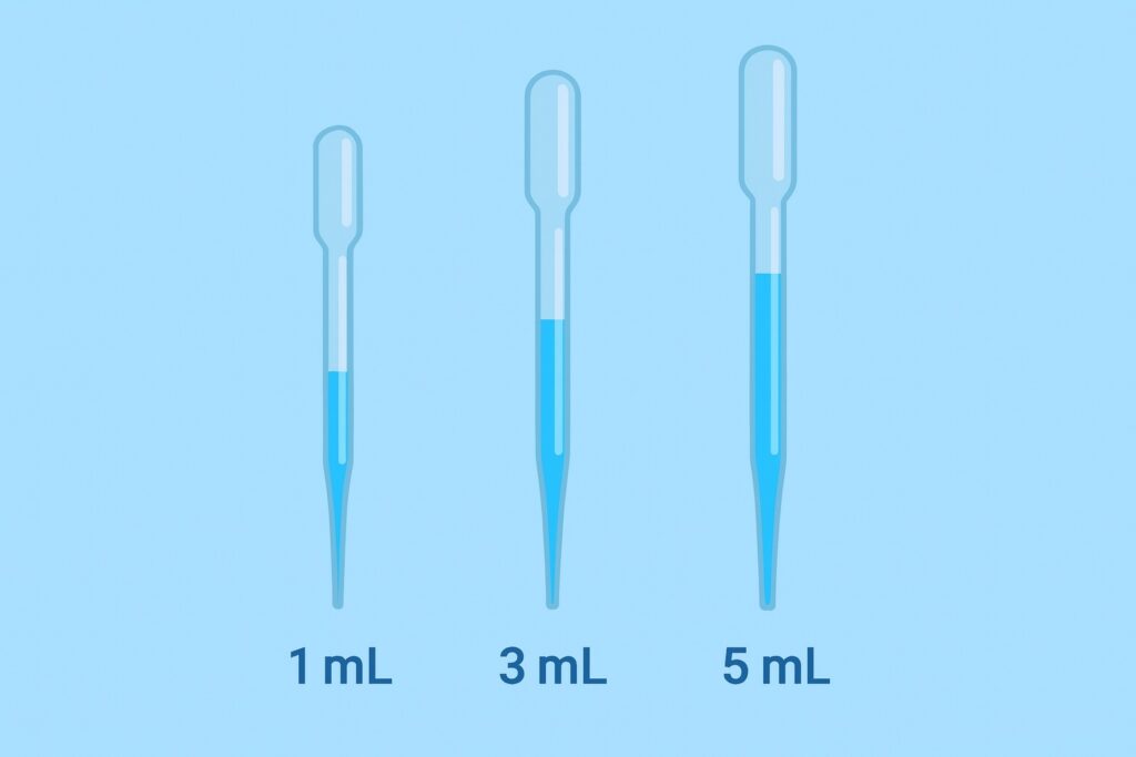 Plastic Pasteur pipettes in 1 mL, 3 mL, and 5 mL volumes shown side-by-side for size comparison