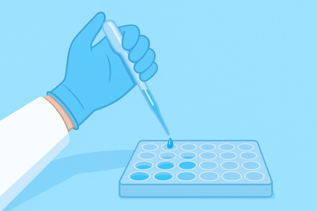 Scientist using a plastic Pasteur pipette to transfer liquid in a cell culture workflow