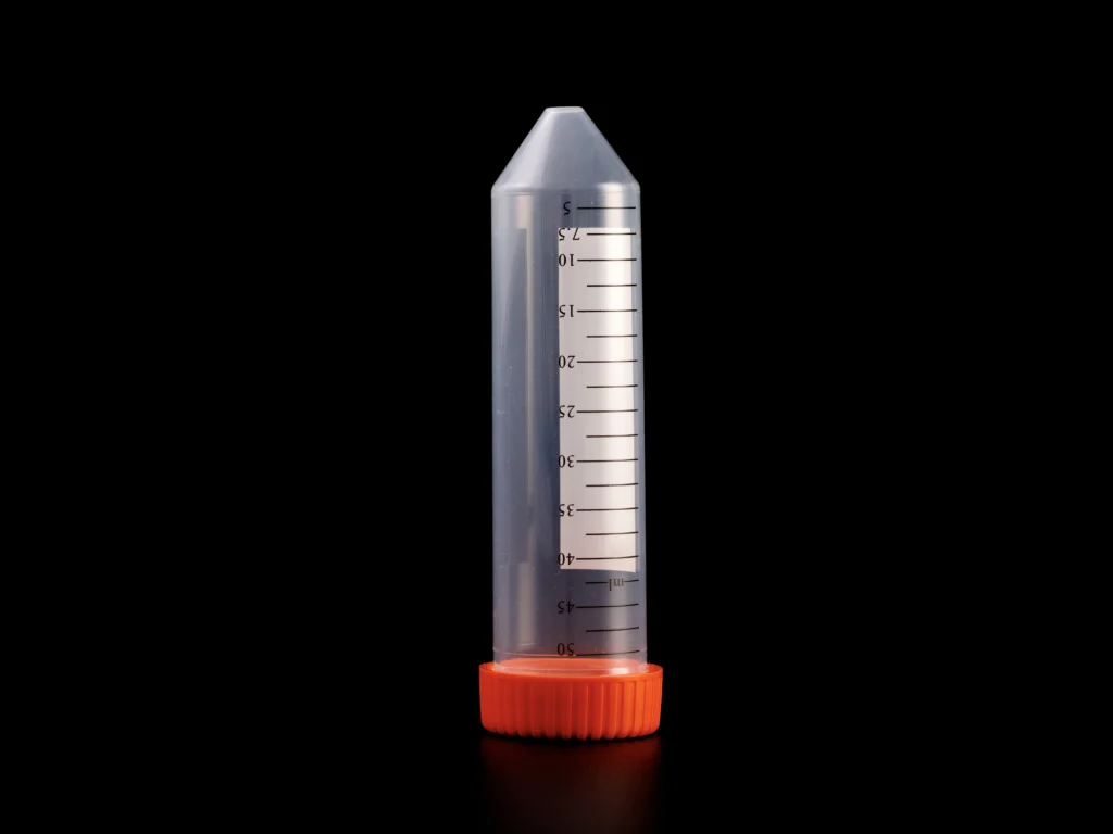 50 ml conical centrifuge tube with orange screw cap on a black background