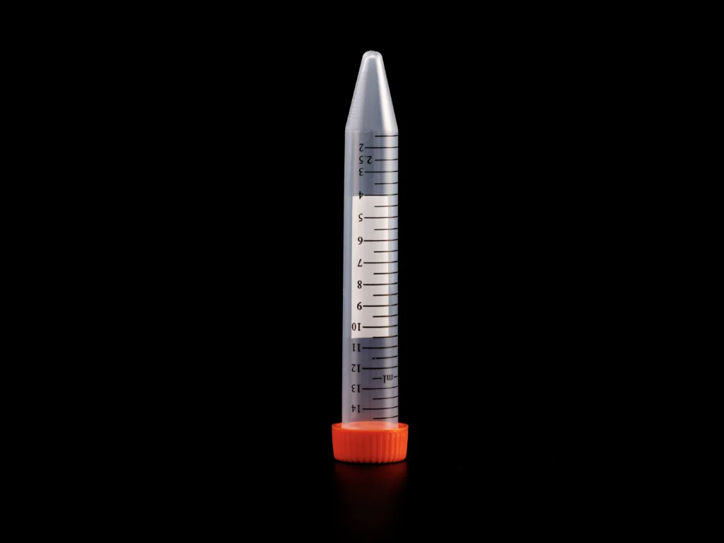 Conical centrifuge tube with clear graduations and orange screw cap showing tube design features