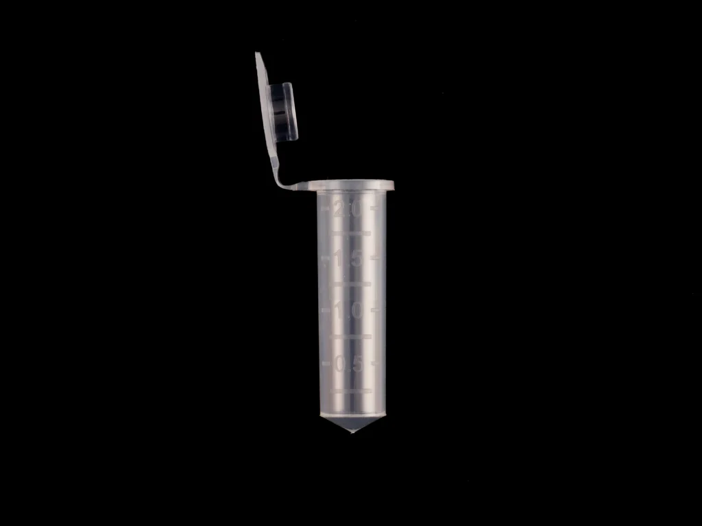 Flip-cap polypropylene centrifuge tube with raised graduations on a black background