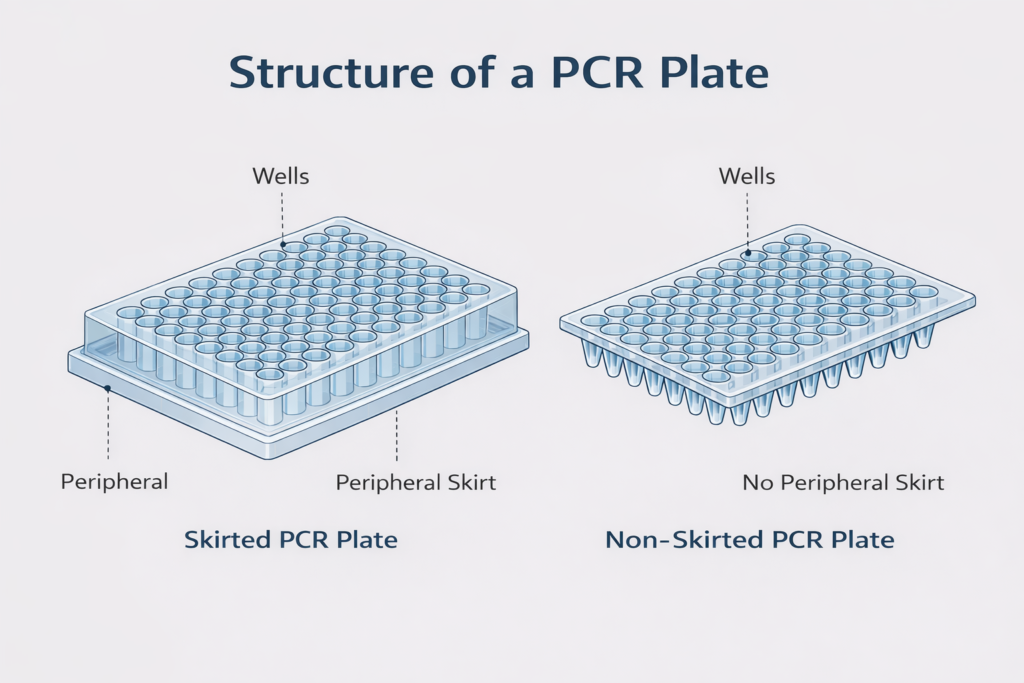 Structure of a PCR plate showing skirted and non-skirted designs