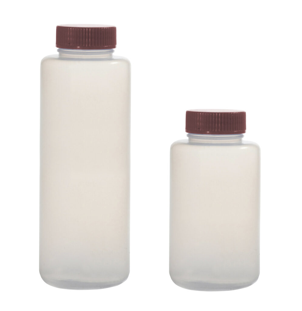 Plastic reagent bottles with screw caps for laboratory chemical storage