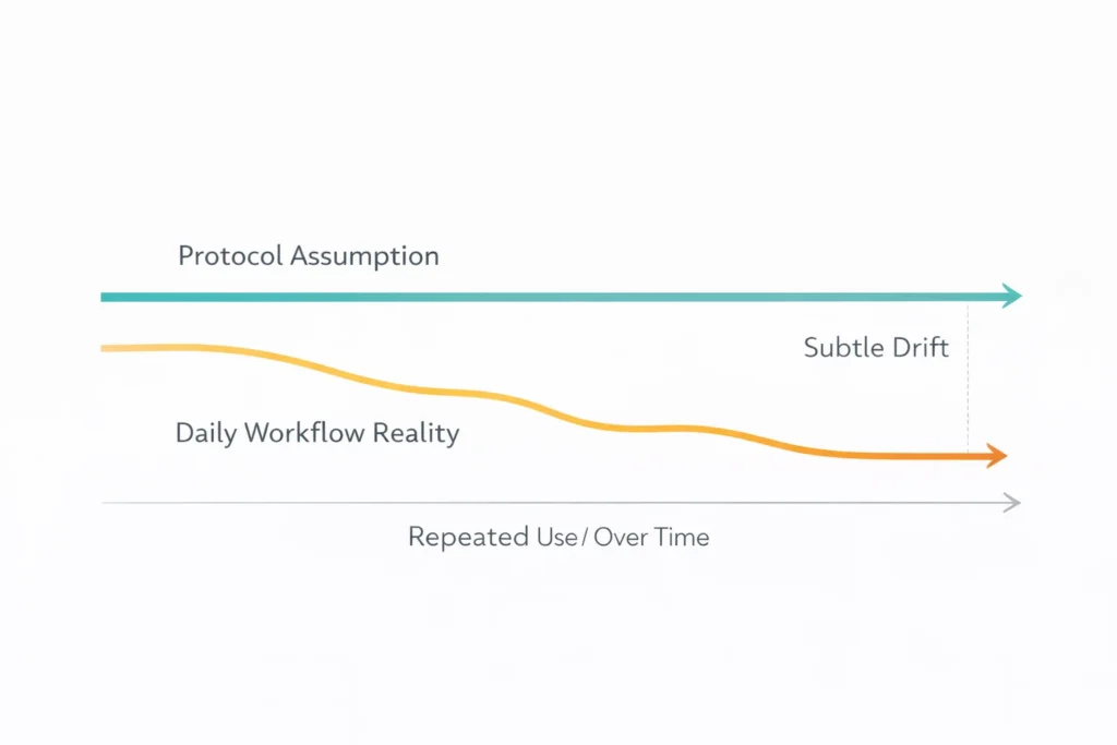 Conceptual diagram showing how daily workflow reality gradually drifts away from protocol assumptions over repeated use.