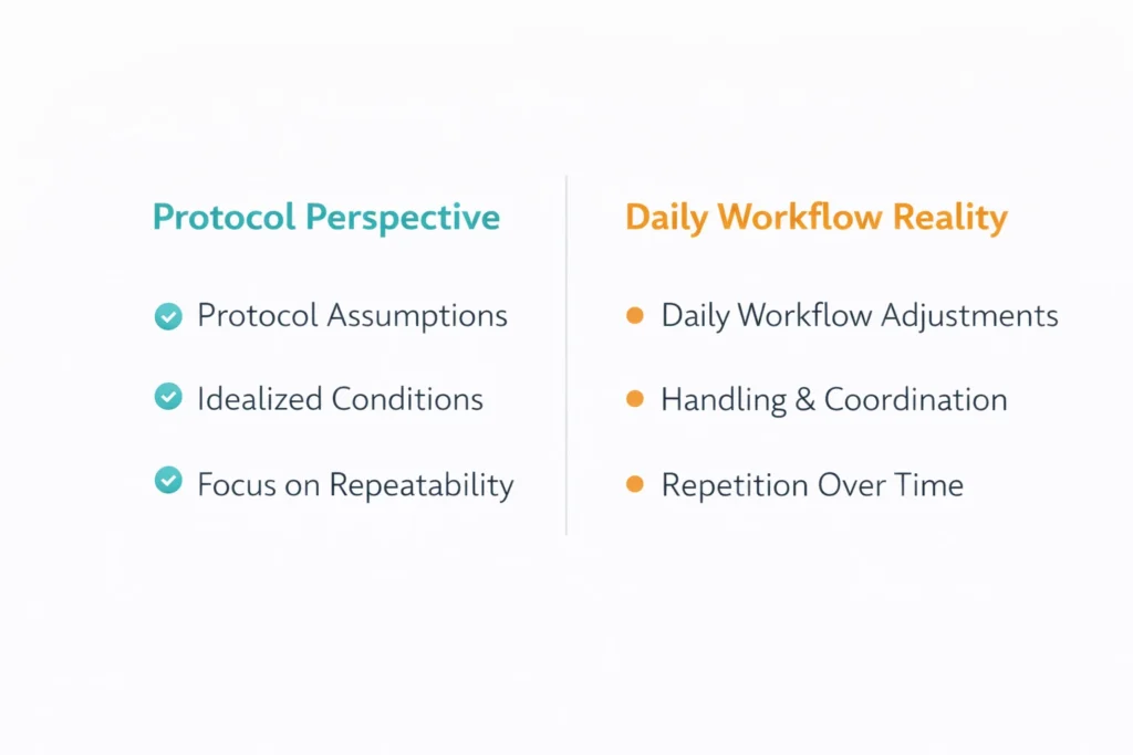 Conceptual comparison between protocol assumptions and daily laboratory workflow reality.