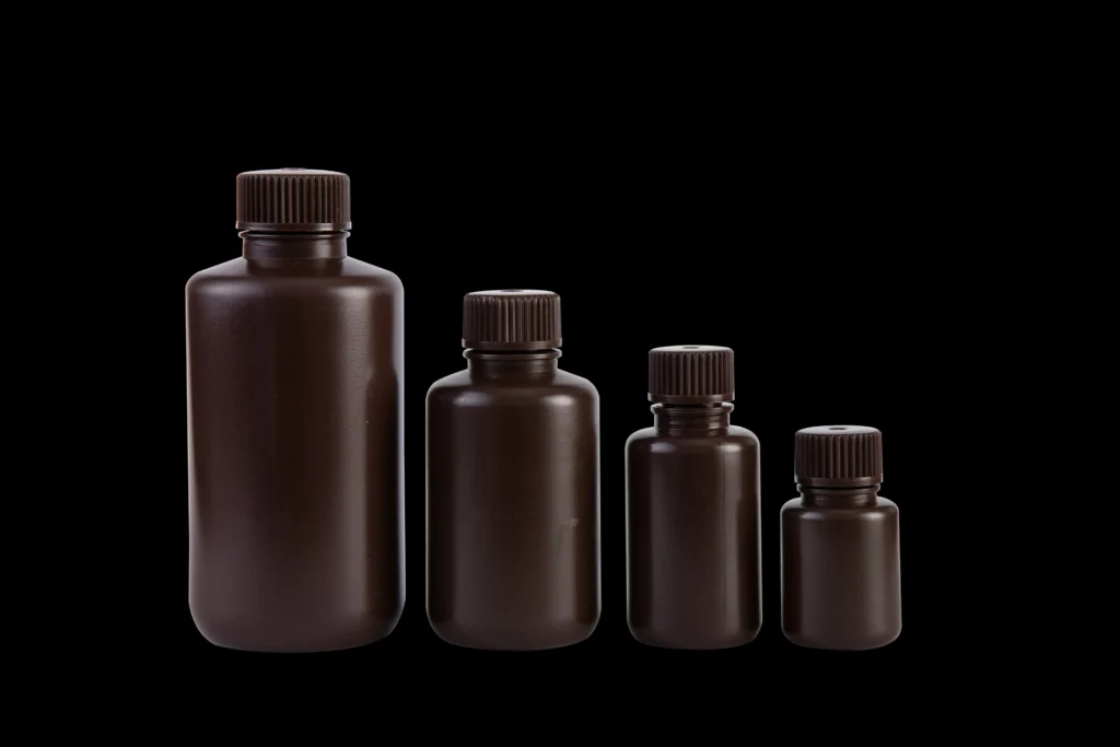 amber glass laboratory reagent bottles used for storing light sensitive chemicals
