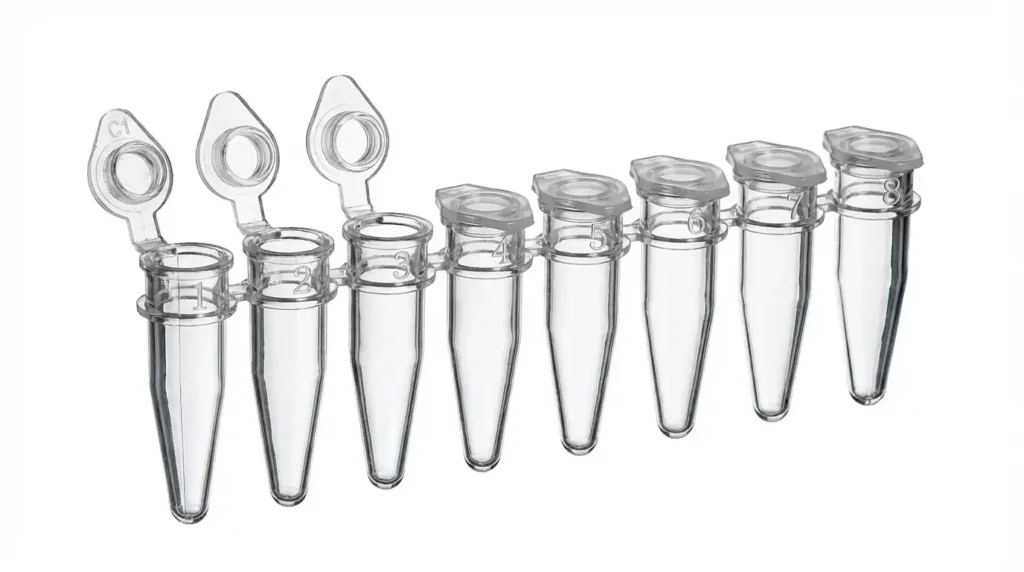 PCR tube strip with 8 connected tubes and hinged caps for laboratory workflow use