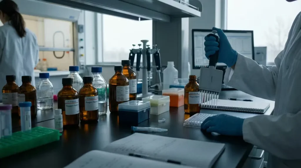 Pipette tip near reagent bottle opening showing potential contamination risk