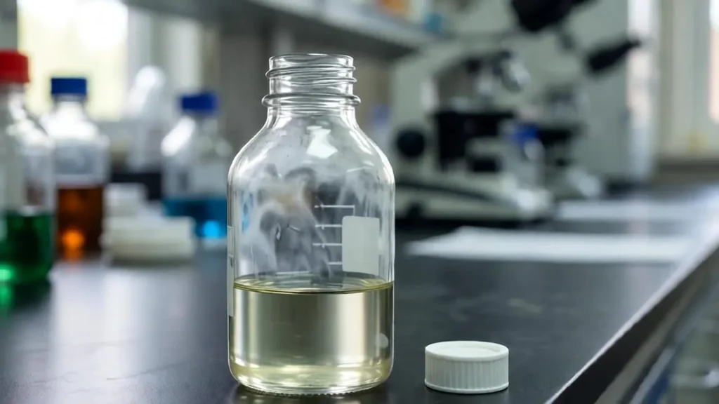Open reagent bottle with visible liquid level and headspace on a laboratory bench