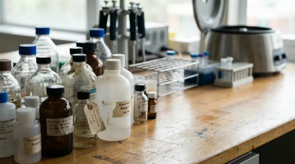 Reagent bottles arranged on a laboratory bench in a real working environment