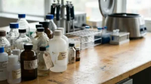Reagent bottles arranged on a laboratory bench in a real working environment