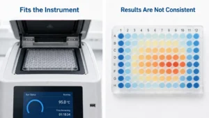 PCR plate fits a thermal cycler but shows inconsistent qPCR results with uneven signal distribution across wells