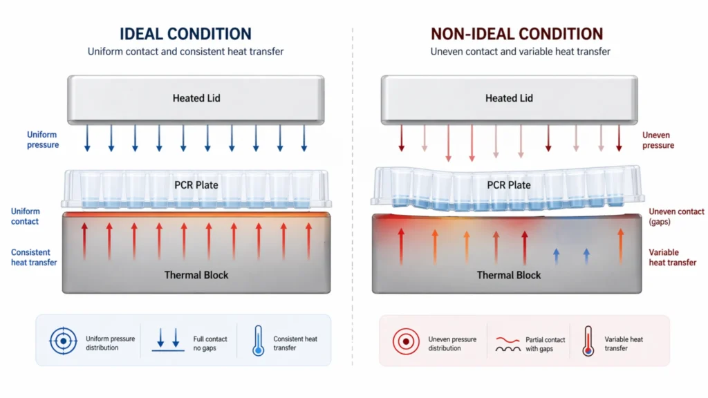 Diagram showing uniform and uneven PCR plate contact affecting heat transfer and pressure distribution