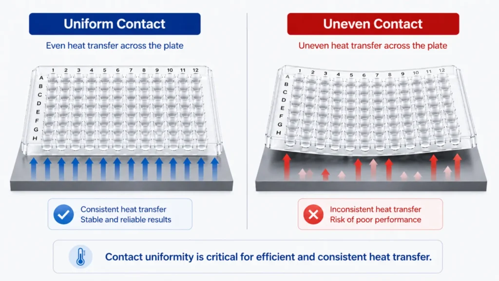 comparison of uniform and uneven contact between a PCR plate and thermal block showing differences in heat transfer consistency