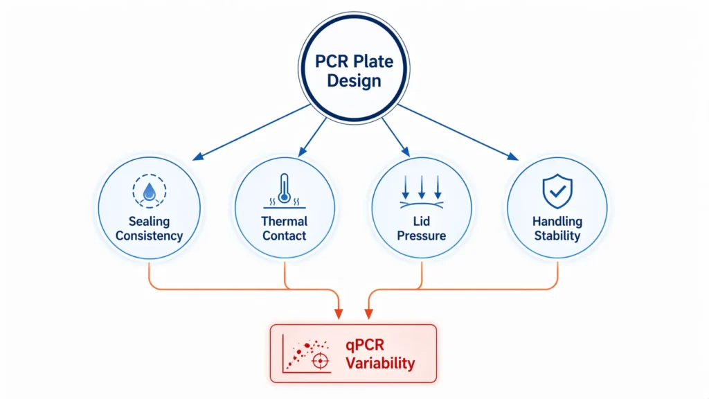 Diagram showing how PCR plate design affects sealing, thermal contact, lid pressure, and handling stability leading to qPCR variability