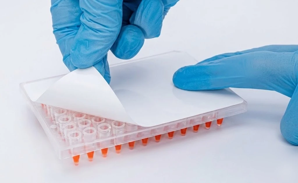 Applying white sealing film to a 96 well PCR plate during sample preparation