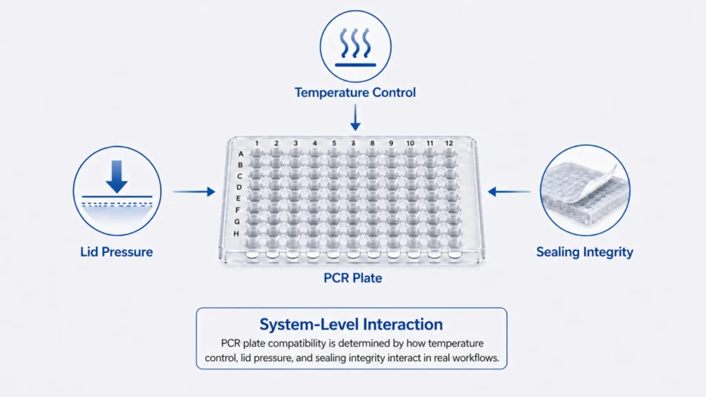 diagram showing PCR plate compatibility influenced by temperature control, lid pressure, and sealing integrity