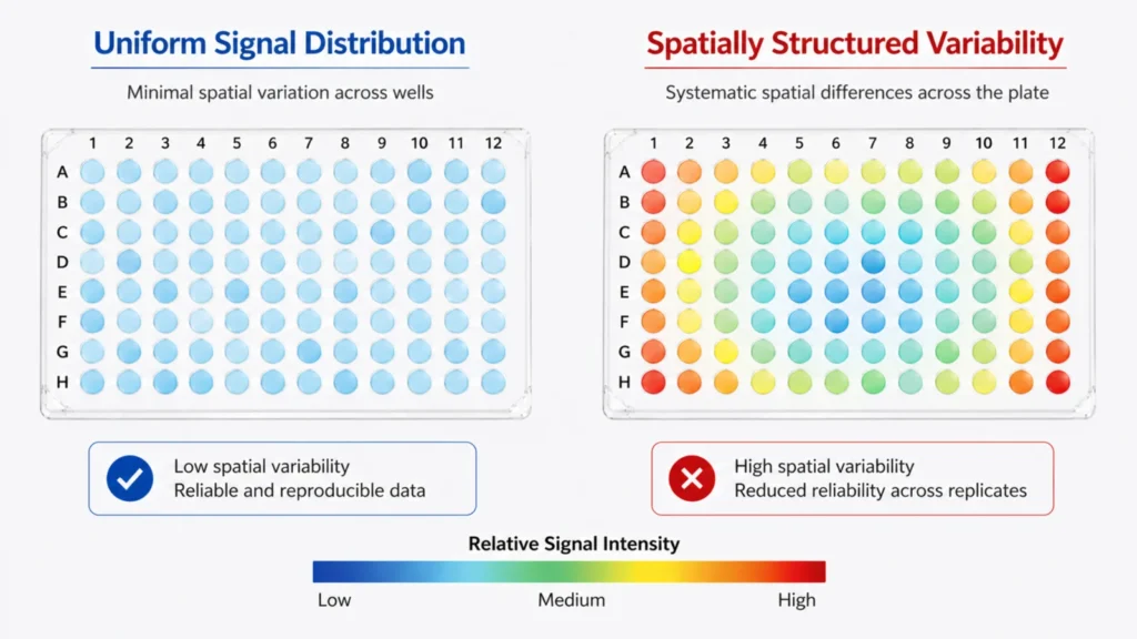 qPCR heatmap showing uniform signal distribution versus spatially structured variability across a 96-well PCR plate