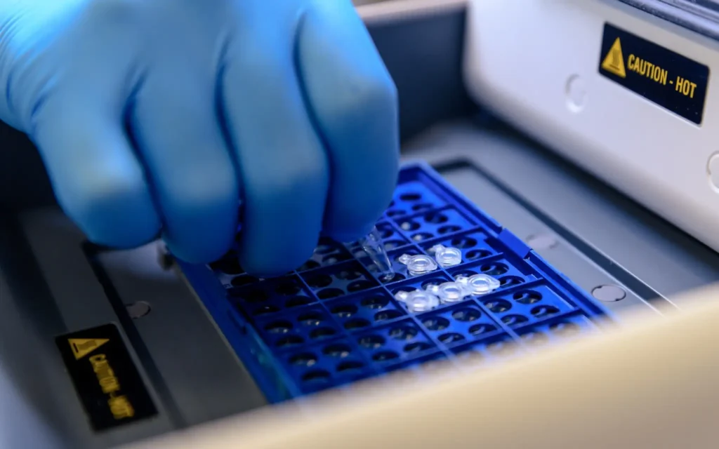 handling PCR tubes in a rack during laboratory PCR setup