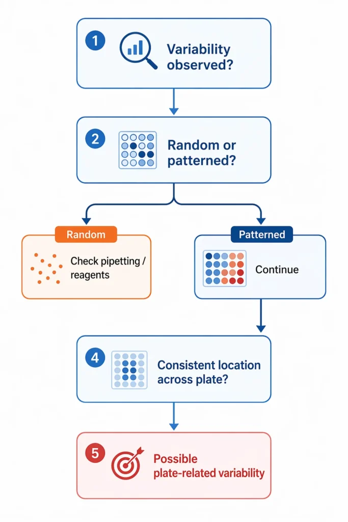 Flowchart for identifying whether PCR variability is random or plate-related based on pattern and well position