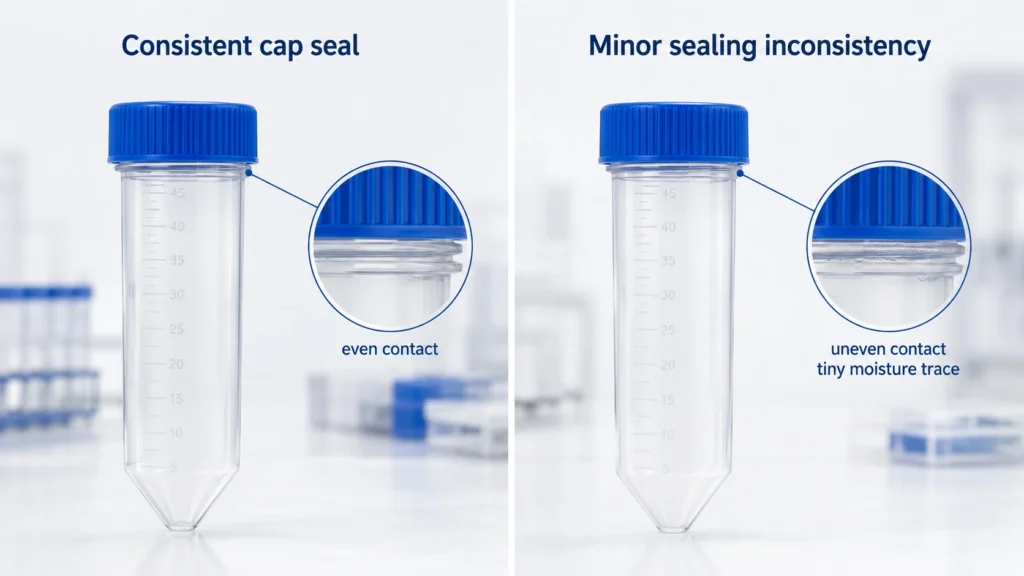Comparison of consistent cap sealing and minor sealing inconsistency in centrifuge tubes