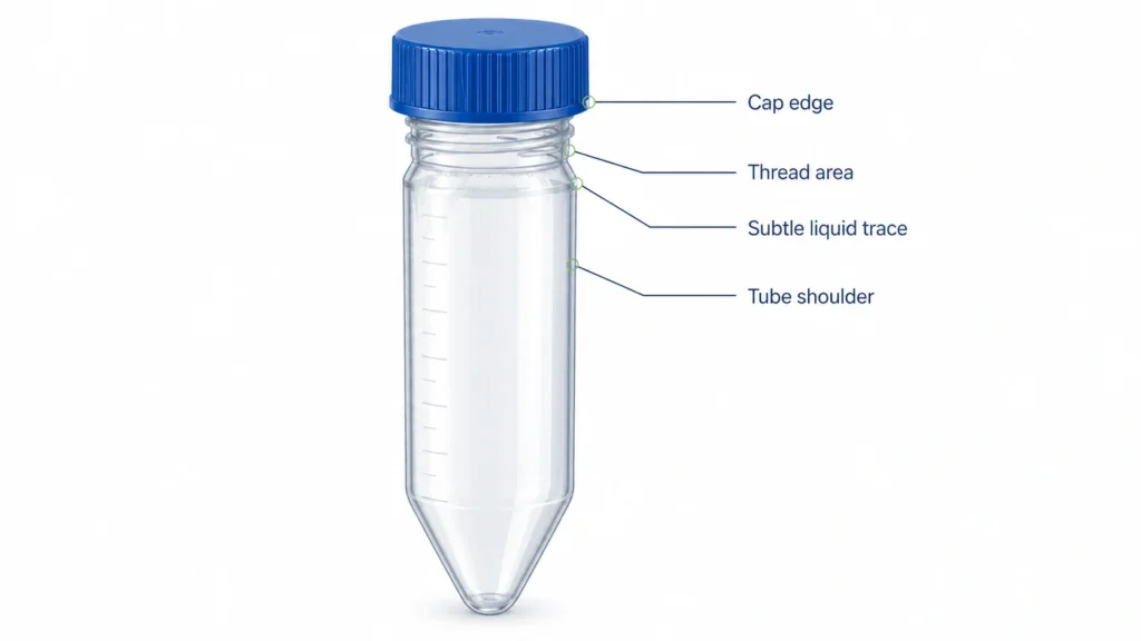 Technical illustration of a conical centrifuge tube showing cap edge, thread area, subtle liquid trace, and tube shoulder