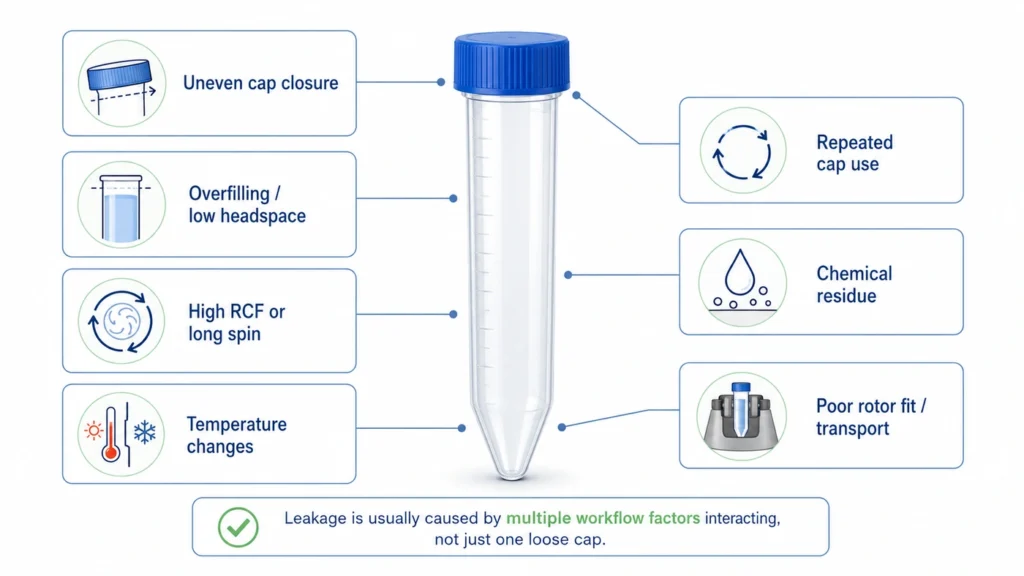 Infographic showing common causes of centrifuge tube leakage, including uneven cap closure, overfilling, high RCF, temperature changes, chemical residue, repeated cap use, and poor rotor fit