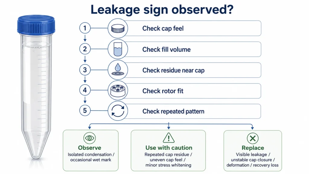 Decision-flow infographic for centrifuge tube leakage showing checks for cap feel, fill volume, cap residue, rotor fit, and repeated leakage patterns