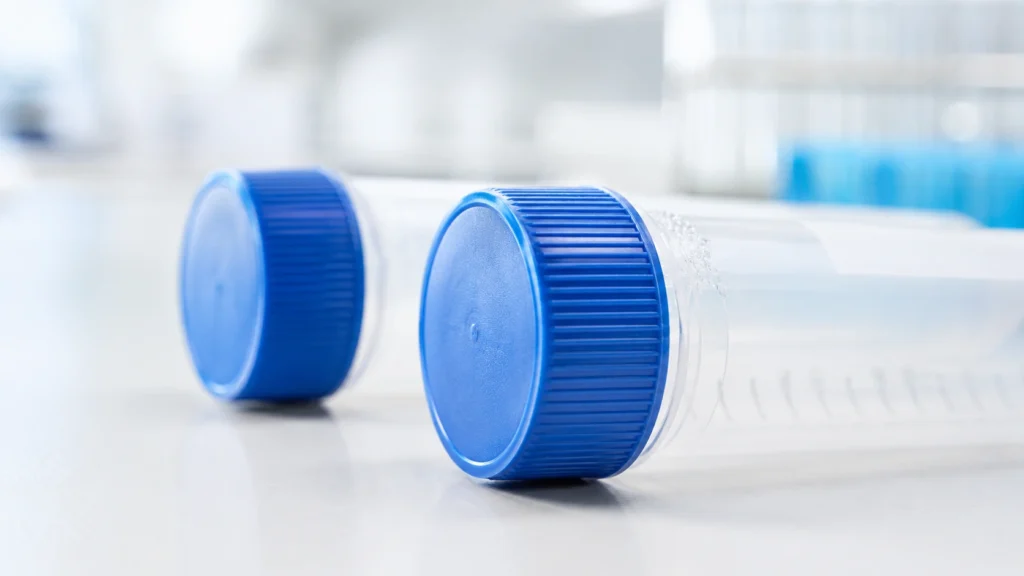 Closed centrifuge tubes with blue screw caps showing subtle cap integrity inspection in routine laboratory use