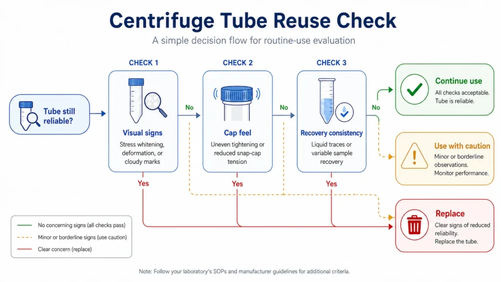 Decision flowchart for checking centrifuge tube reliability before continued use