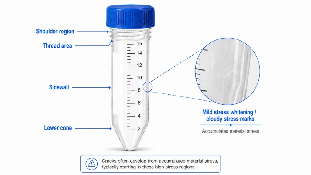 Centrifuge tube stress-sensitive regions showing mild stress whitening and cracking risk
