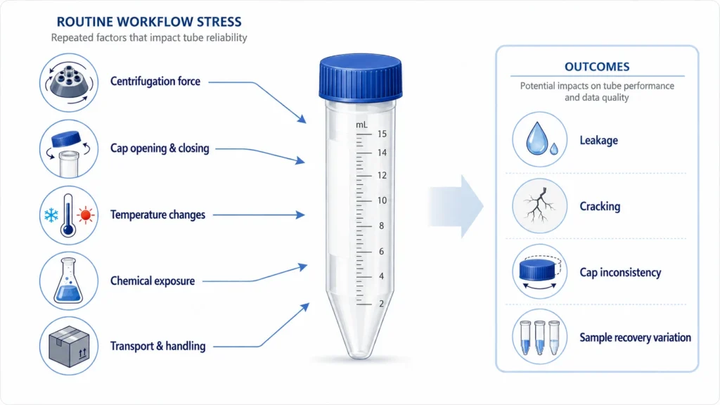 Infographic showing routine workflow stress factors affecting centrifuge tube reliability and common outcomes