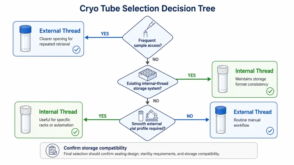 Cryo tube selection decision tree for choosing external thread or internal thread cryo tubes based on sample access, storage system, vial profile, and compatibility