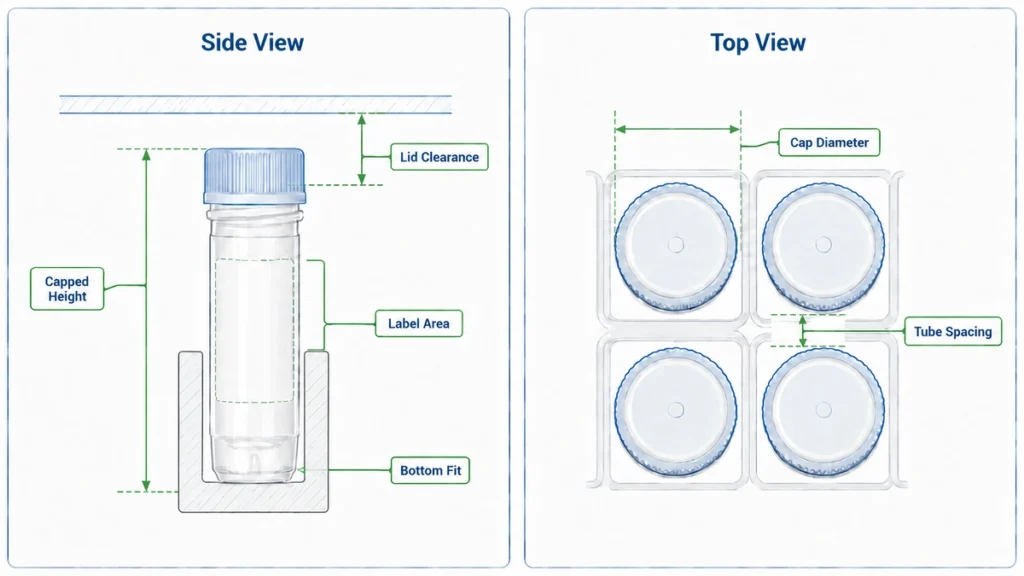 Cryo tube storage compatibility checkpoints showing capped height, lid clearance, label area, bottom fit, cap diameter, and tube spacing