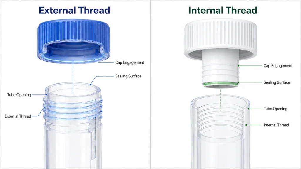 Cryo tube thread structure diagram showing external thread and internal thread positions, tube opening, cap engagement, and sealing surface