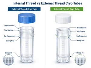 Internal vs external thread cryo tubes comparison showing thread position, tube opening, cap engagement, sealing area, and storage fit