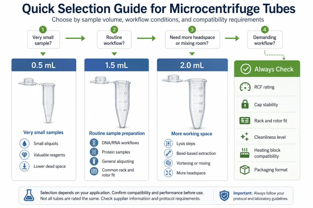 Quick selection guide for choosing 0.5 mL 1.5 mL and 2.0 mL microcentrifuge tubes