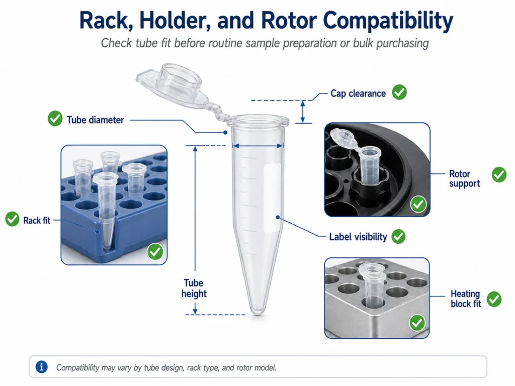 Microcentrifuge tube rack holder and rotor compatibility checkpoints
