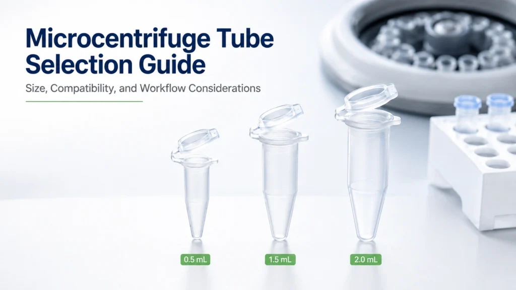 Microcentrifuge tube selection guide with 0.5 mL, 1.5 mL, and 2.0 mL snap-cap tubes
