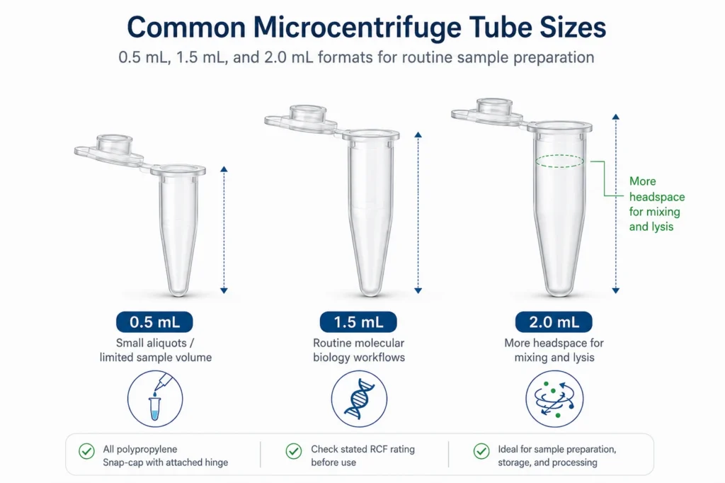 Common microcentrifuge tube sizes including 0.5 mL, 1.5 mL, and 2.0 mL formats